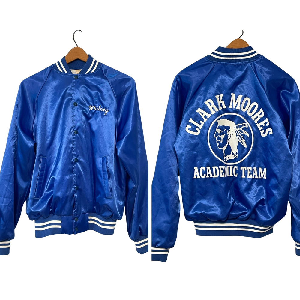 Vtg Silky Varsity Bomber Jacket Sz M Academic Team CM Indian Mascot Blue & White